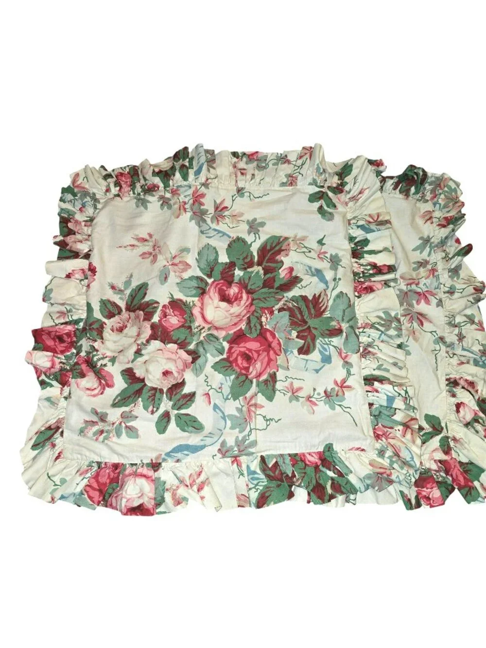 Vintage Floral Ruffled Pillow Sham Covers Set Pink Roses & Green Leaves CM2370